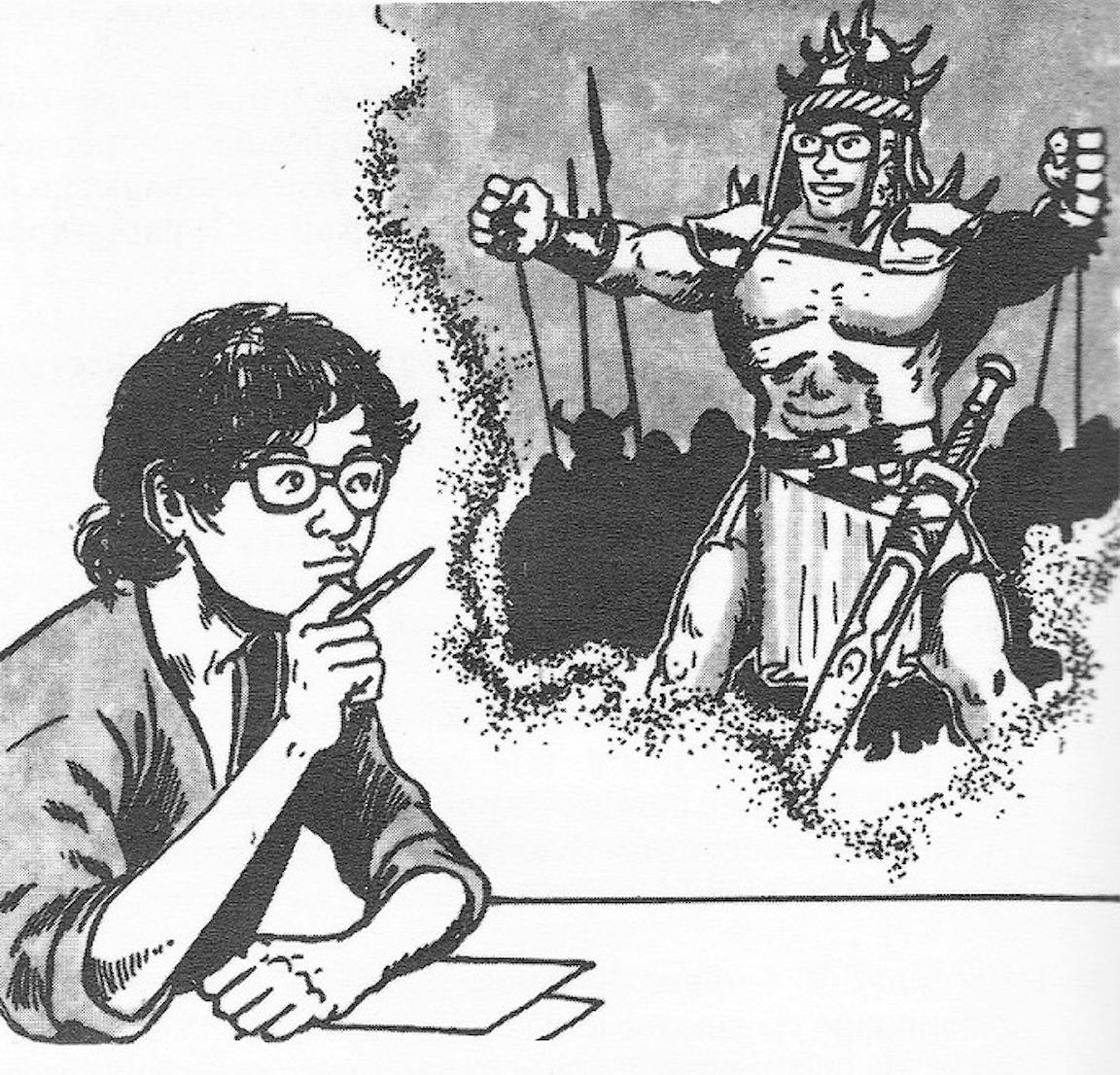 A person ponders a version of themselves as a muscular warrior.